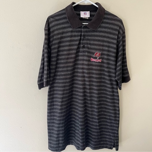 NFL Tampa Bay Buccaneers Men’s Black/Grey Short Sleeve Striped Polo Shirt Sz L - Picture 1 of 5